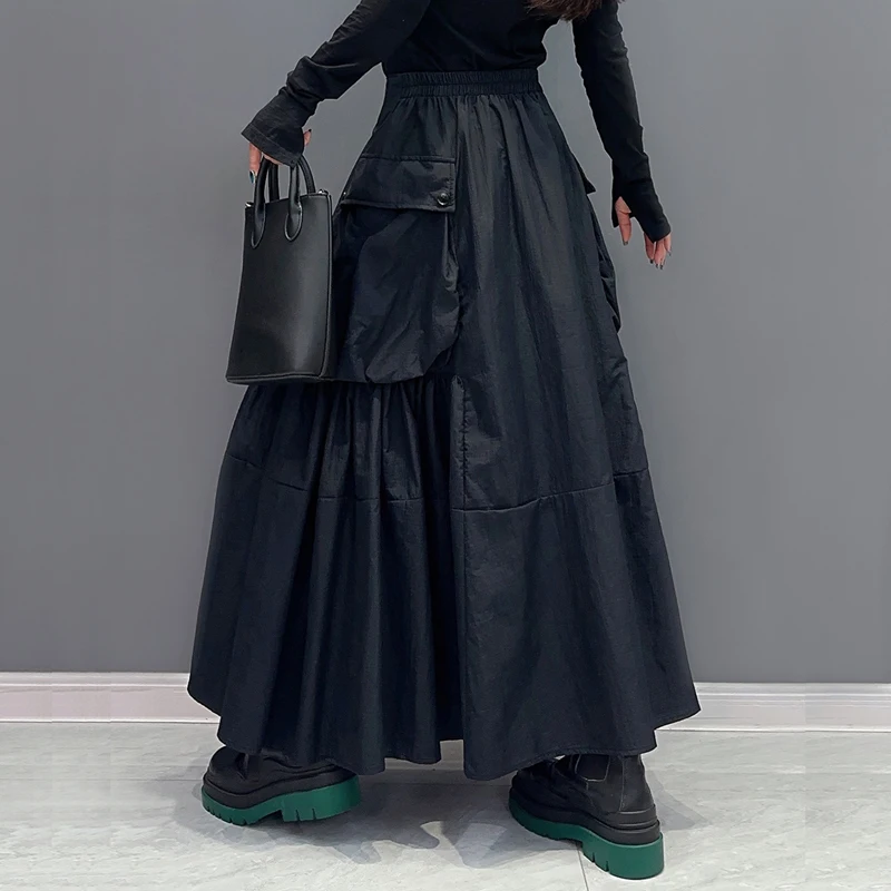 الصلبة الأخضر الأسود مرونة الخصر ألف خط فضفاضة تناسب امرأة تنورة طويلة جيوب كبيرة الكورية نمط لباس غير رسمي مطوي تنورة JJSK044 #6