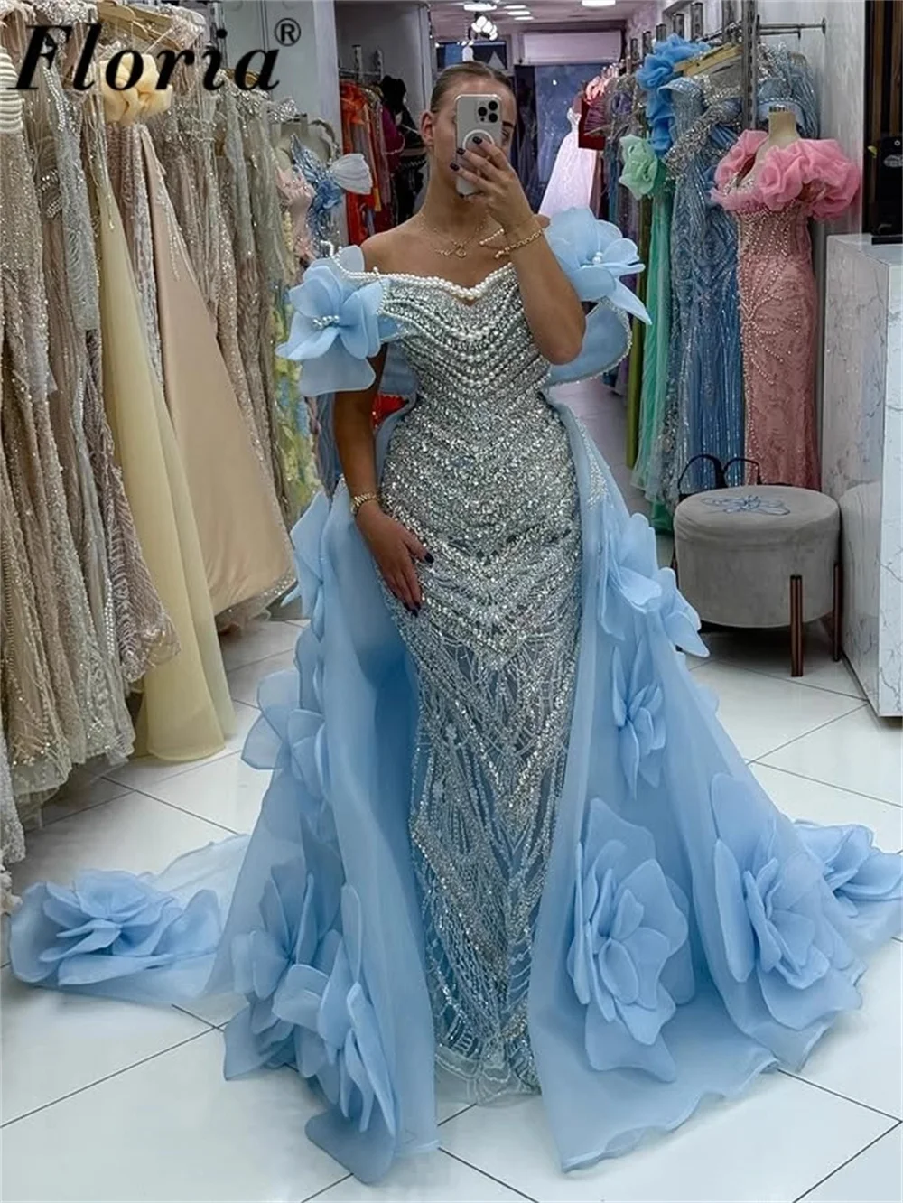 

Новые элегантные синие платья для выпускного вечера с бисером, арабские вечерние платья с открытыми плечами, верхняя юбка с цветами, свадебные платья по индивидуальному заказу 2026