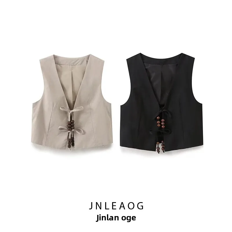 JNLEAOG Modna Kamizelka z Koralikami i Węzłem z Mieszanki Lnu Damska Elegancki Design Jesienna Nowość Włókno Poliestrowe Otwarta ...