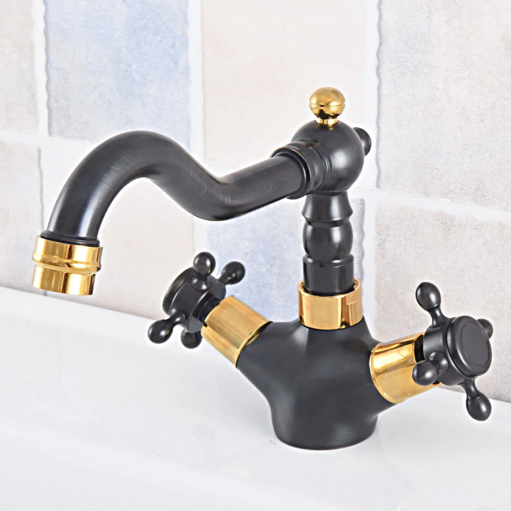 

Basin Faucets Black & Gold Color Brass Bathroom Vessel Basin Sink Faucet Water Tap Dual Cross Handle Cold and Hot Water tsf800