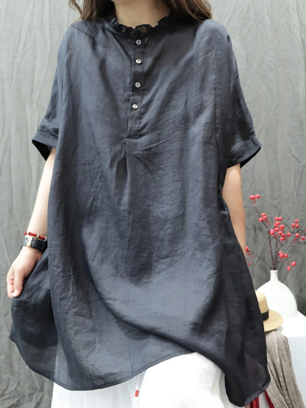 

Ретро льняной цвет, дышащий миди, большой размер, женский модный летний топ с воротником с цветочной вышивкой