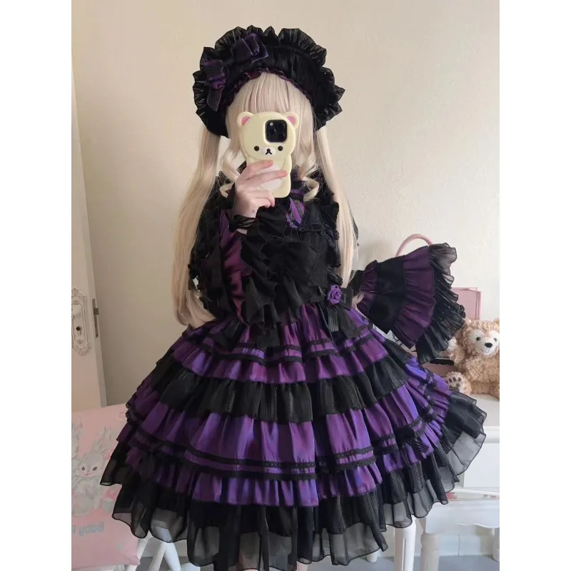 

Dark Gothic Lolita Little Witch Cosplay Black Purple Dress Long Sleeve High Waist Elegant OP Dresses Halloween Theme Party Women