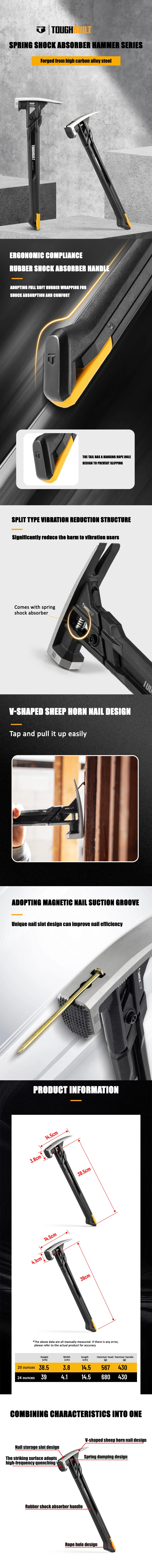 TOUGHBUILT Federdämpfender Hammer, Magnetischer Nagelrillenhammer, Stahlhammer mit Gummigriff TB-H1-1SBR-S20X TB-H1-1SBR-S24X – Detail 1