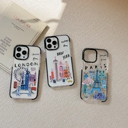 Paris London New York City Landmark building Cartoon Doodle Cover Case For iPhone 16 15 14 13 12 11 Pro Max 7 8 Plus Mini X XR