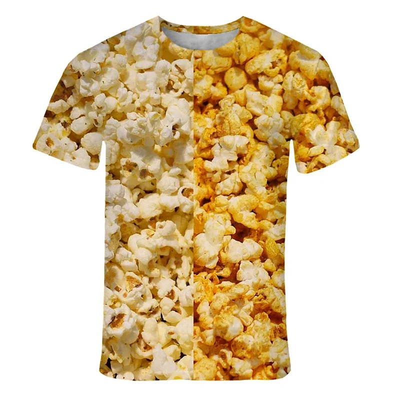 Men\'s Fashionable Gourmet Popcorn Print T-Shirt Trendy Digital round Neck Short Sleeve Casual Top