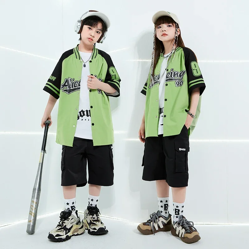Manteau de Baseball rose Hip Hop pour filles, tenue short pour garçons, veste de danse de rue, ensembles de vêtements d'été Jazz pour enfants, Costumes Streetwear