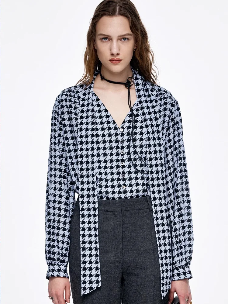 SuyaDream, Women Bow Collar Shirts, 100%Real Silk, Houndstooth Printed Blue Blouses, 2024 Spring Summer Office Lady Top