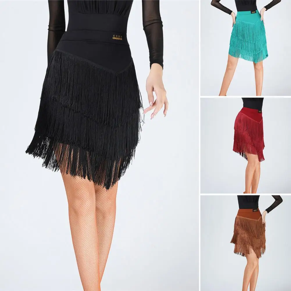 

Solid Color Mini Skirt Elegant Latin Dance Tassel Skirt for Women High Waist Mini Skirt for Dance Training for Female