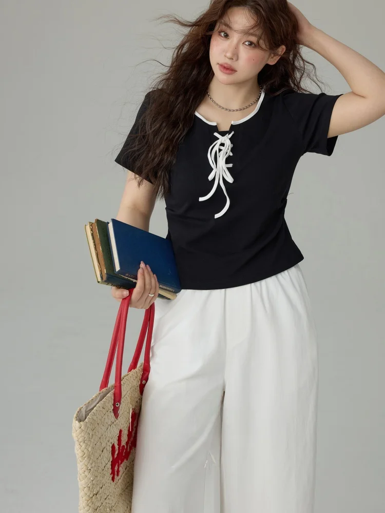 

plus Size Women's T-irt Summer New Sle Patchwork Color Design Slimming Knot ort Sve Top Korean Sle Commute