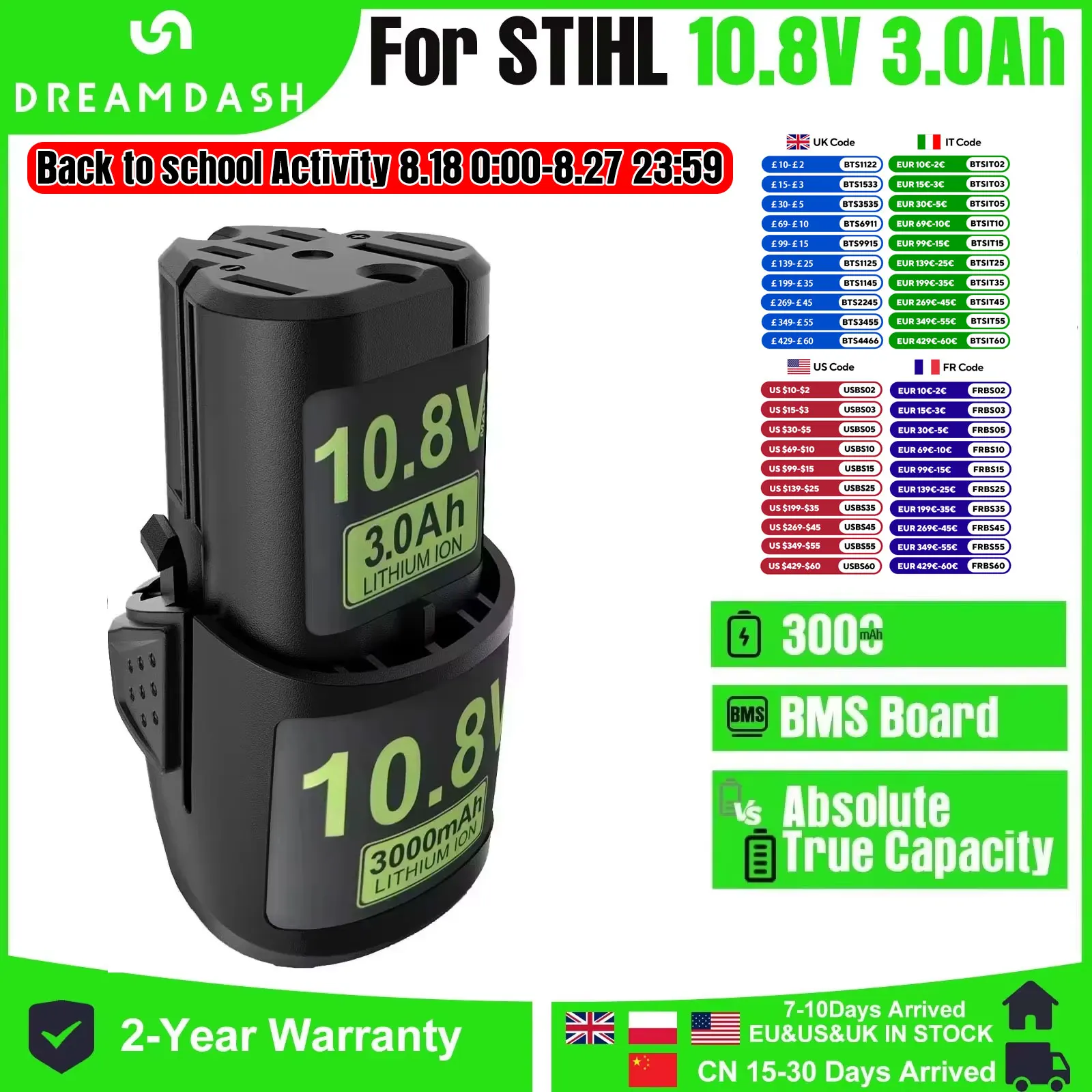 

Для электроинструментов STIHL 10,8 В 3,0 Ач GTA 26/40/SEA 20/HSA 26/30/40/FSA30/KOA30/ASA20/BGA30/RCA20/AS2 Литий-ионный аккумулятор для электроинструмента