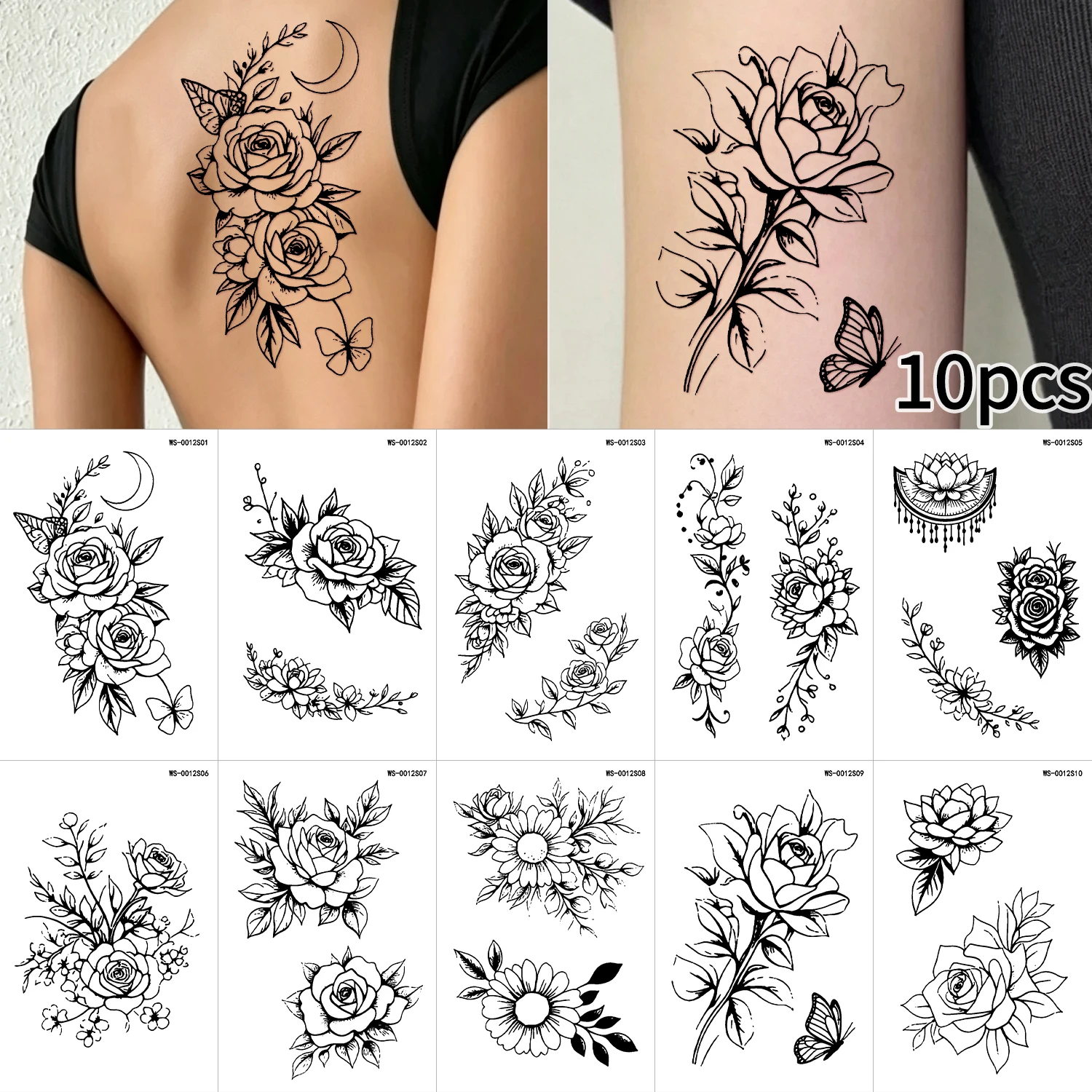 10Pcs Black Flower Butterfly Fake Tattoo Stickers Lines Rose Daisy Temporary Tattoos for Sexy Women Body Hand Back Makeup Decals