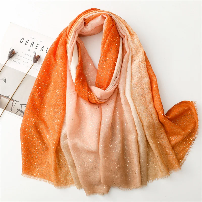 Plain Ombre Gradient Shimmer Glitter Fringe Viscose Shawls Scarf High Quality Wrap Pashmina Stole Bufandas Muslim Hijab 180*90Cm