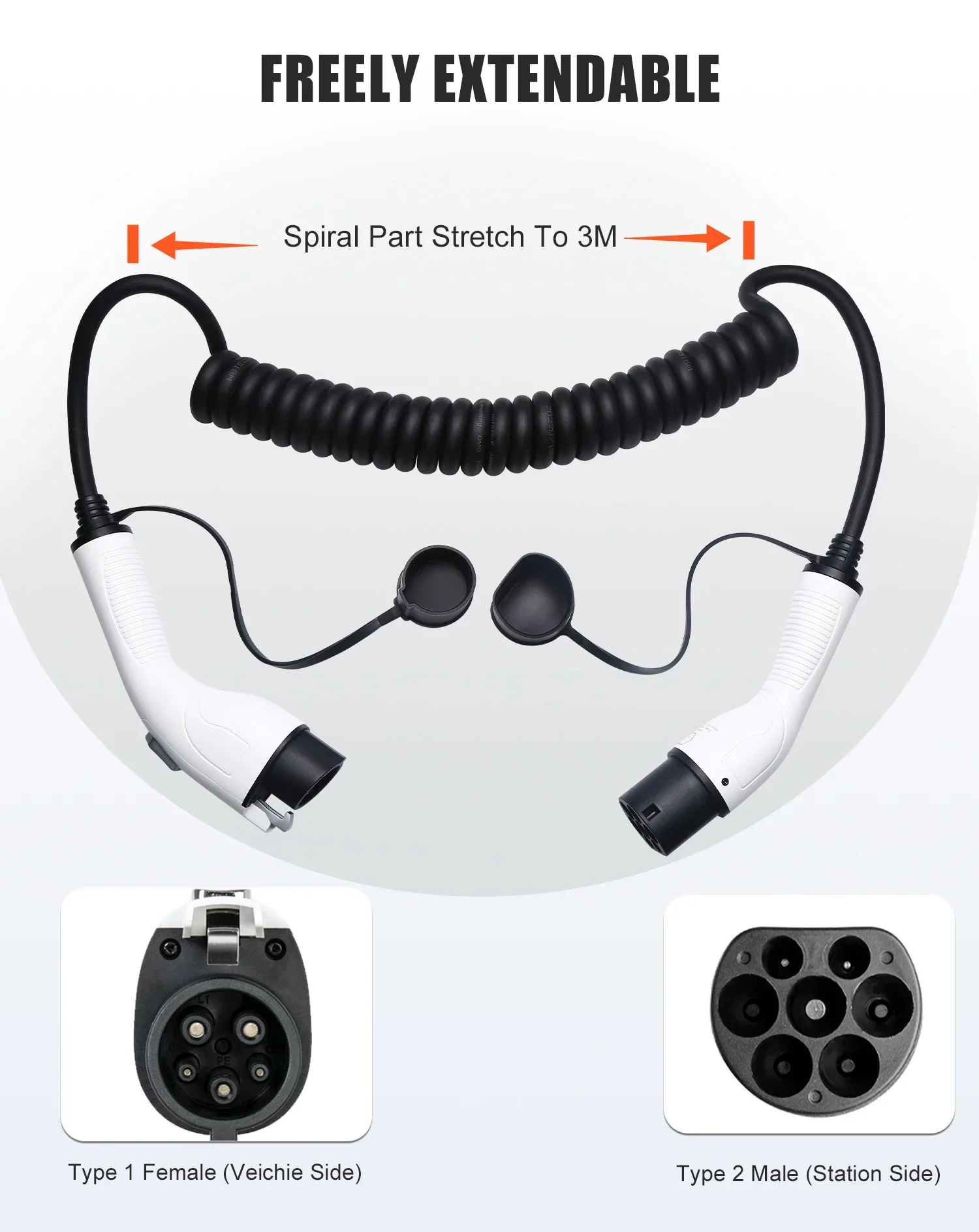 EVcharger4U IEC62196 Type 2 to J1772 Type 1 EV Charging Spiral Cable 1Phase 32A 8KW Type2 to Type1 Coiled for Electric Vechile