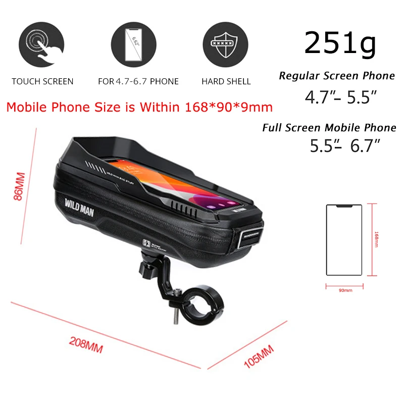 WILD MAN Bike Handlebar Bag Bicycle Phone Holder Waterproof Case Touch Screen Cycling Phone Bag 6.8\