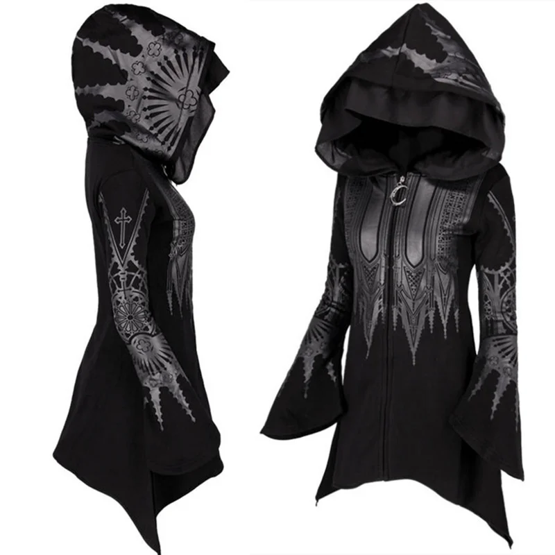 Gothic Coats for Women Dark Black Hoodie Vintage Autumn Winter 2022 Women\'s Punk Style Black Long Hooded Printed Hoodie Female