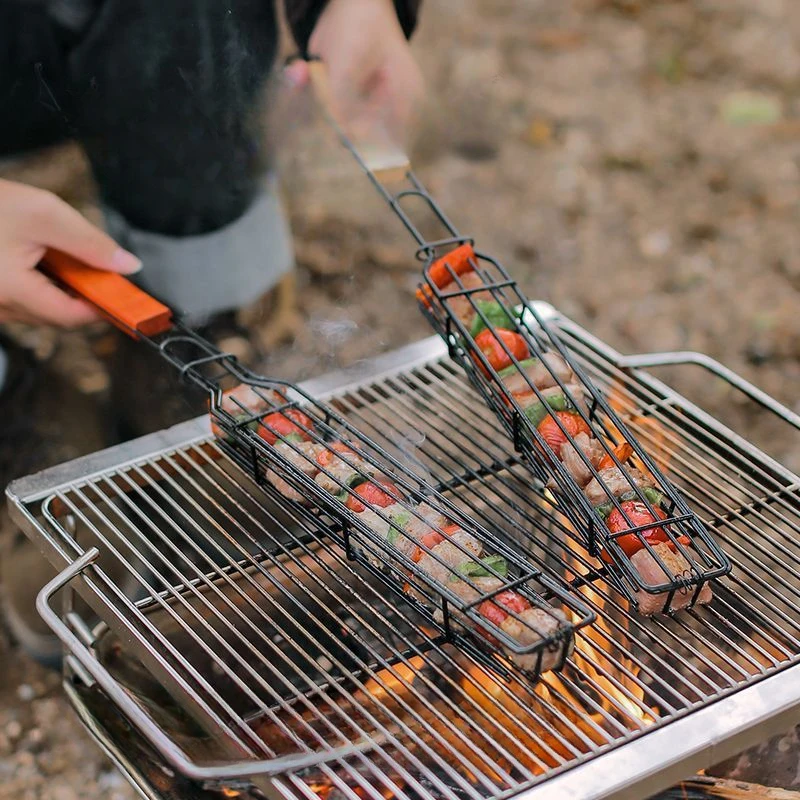 Outdoor Wooden Handle Barbecue Cage Camping Meat Vegetable Barbecue Net Rack Picnic Barbecue Tool Charcoal Grilled Sausage Stick