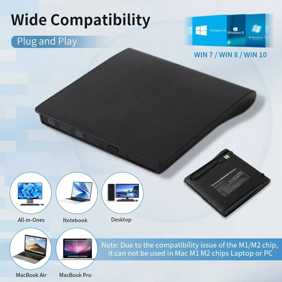 AMMTOO-Drive externo portátil de CD e DVD, USB 3.0, apto para DVD-R, DVD-RW Player, queimador para PC, Laptop, Computador, Windows 10, 8, 7