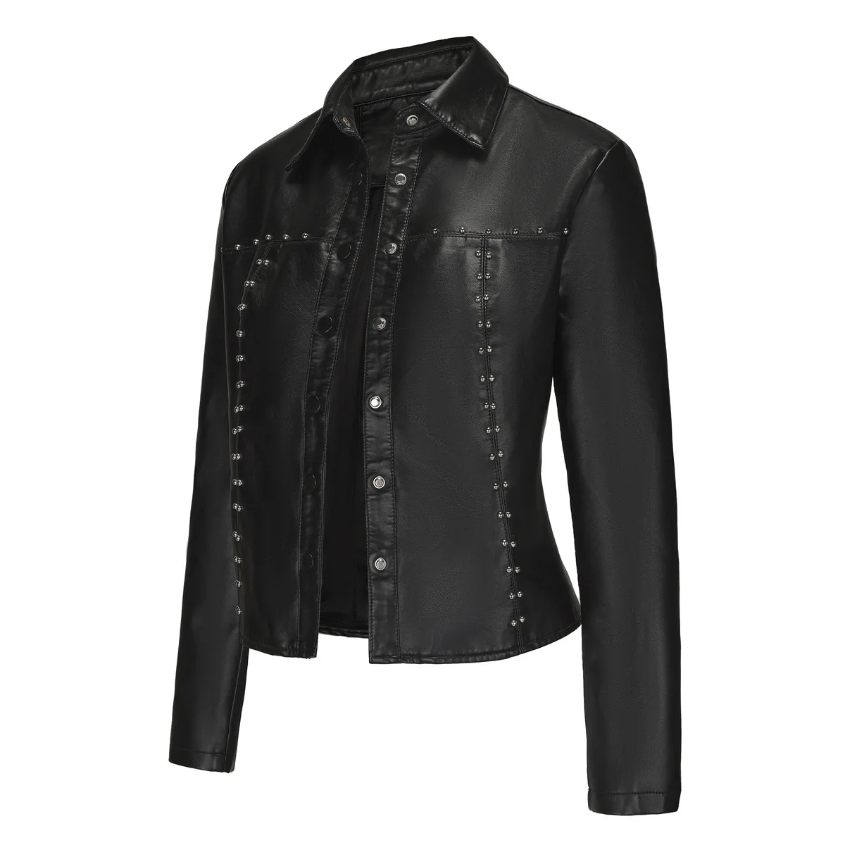 Spring Autumn New Studded PU Leather Jacket Women Button Cardigan Thin Coat Women Fashion Outerwear PU-046