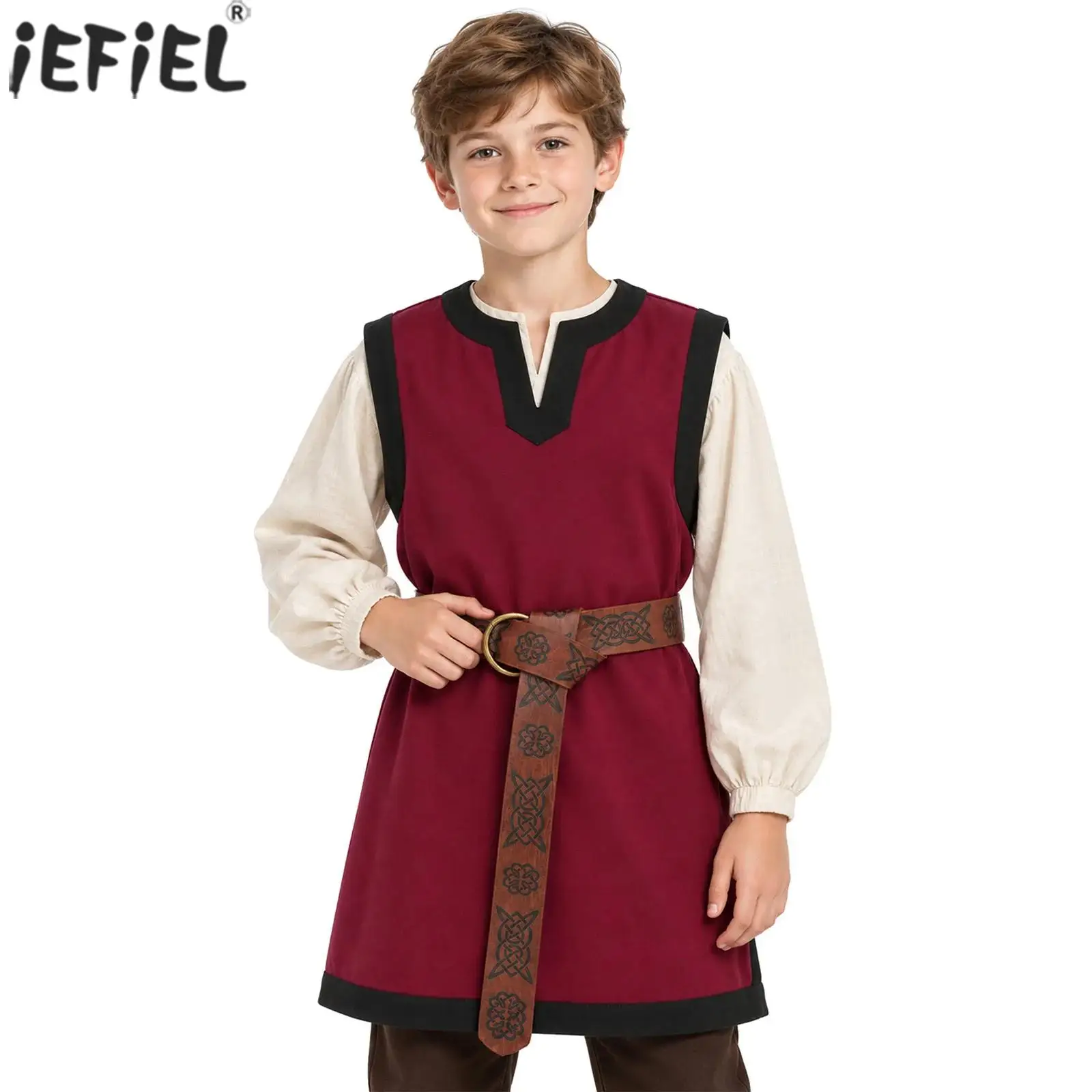 Kids Boys Medieval Costume Halloween Cosplay Viking Knight Warrior Renaissance Tunic V-neck Sleeveless Side Slit Top with Belt