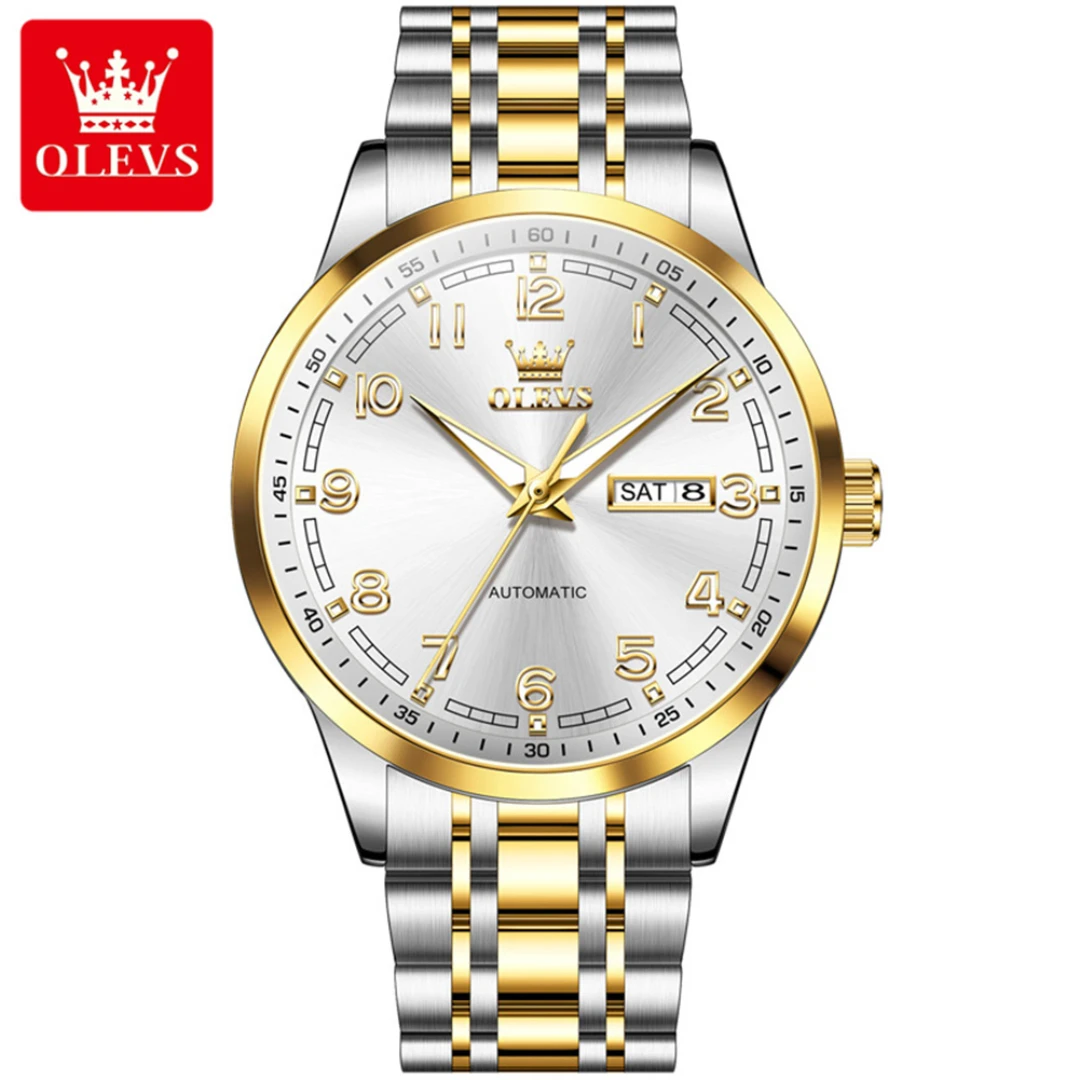 

OLEVS 7077, модные механические часы, подарок, ремешок для часов из нержавеющей стали, наручные часы с круглым циферблатом, дисплей недели, светящийся календарь