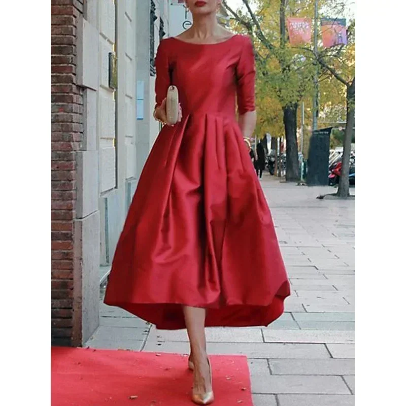 Modigirl Women  A-Line Long Sleeve Dresses Half Sleeves Round-Neck Pleated  Elegant Classical Evening Christmas Midi Dresses