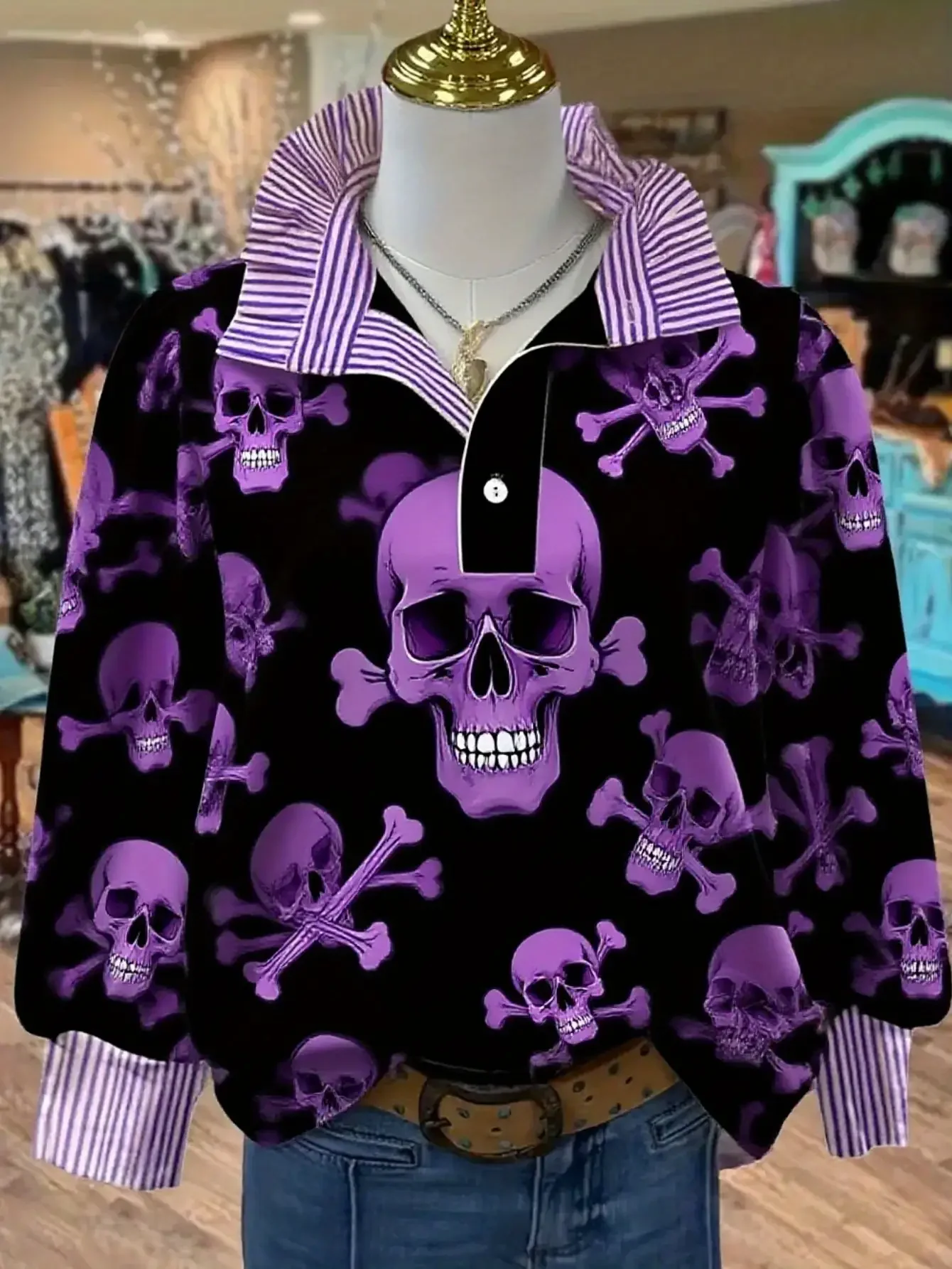 

Women's 2026 new top retro fashion shirt simple Baidu suitable for any occasion,Purple handsome skull pattern print