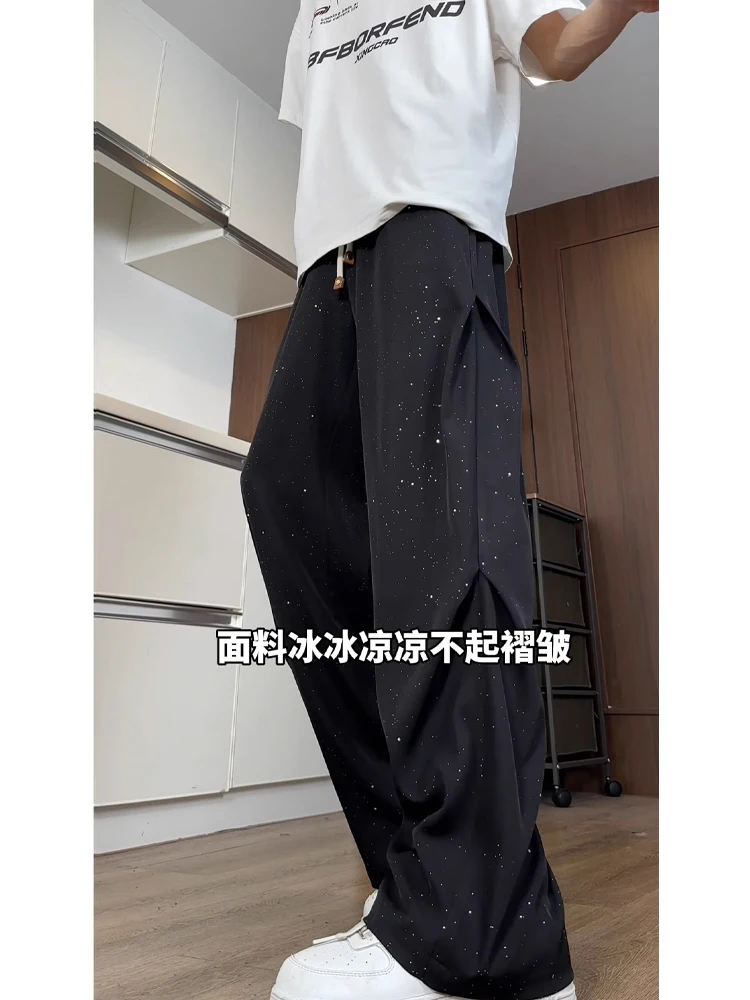 Fashion American Style High Street Pleated Pants 2024 Summer New Ice Silk Trousers Wide Leg Blazer Pants Men's High-End Trousers