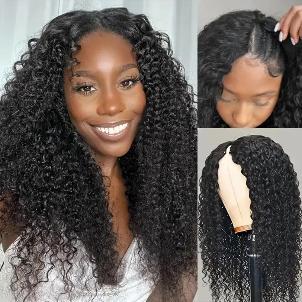 V Part Kinky Curly Human Hair Wigs 14-22 Inch Machine Made No Leave Out  Curly V Part Wigs Malaysia Hair For Women 180 Density