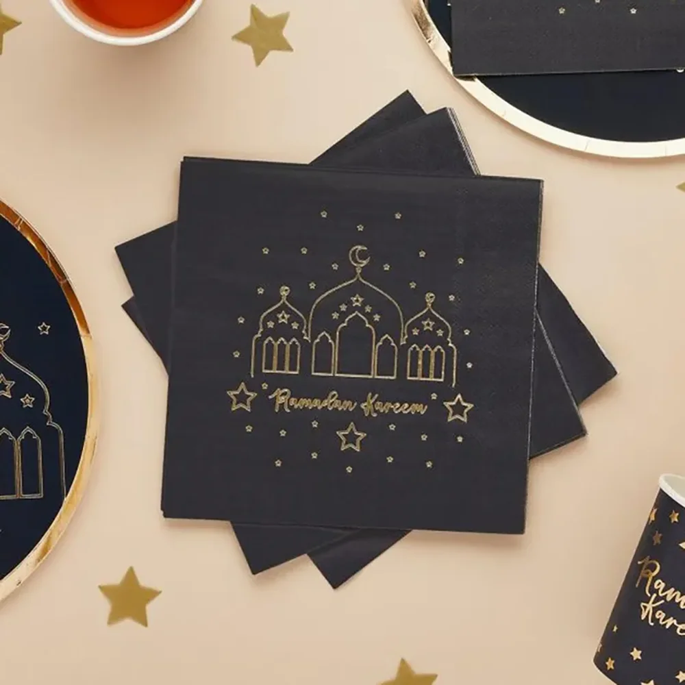 20 قطعة مناديل ورقية لرمضان رمضان كريم أدوات المائدة مناديل طاولة احتفالية احتفالات عيد مبارك ديكور حفلات العيد السوداء