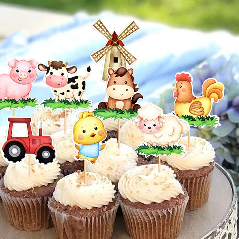 Cartoon Farm Animal Paper Cake Cupcake Topper Farm Theme Kids 1st Birthday Party Decor Baby Shower Supplies Chick Pig cake decor