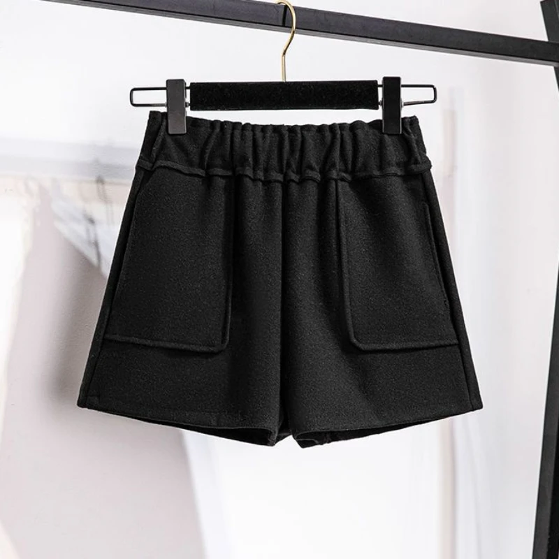 Women Shorts Cozy Autumn Winter Elastic Waist Elegant Vintage Comfortable Fashion Pockets Korean All-match Casual Wide Leg Solid