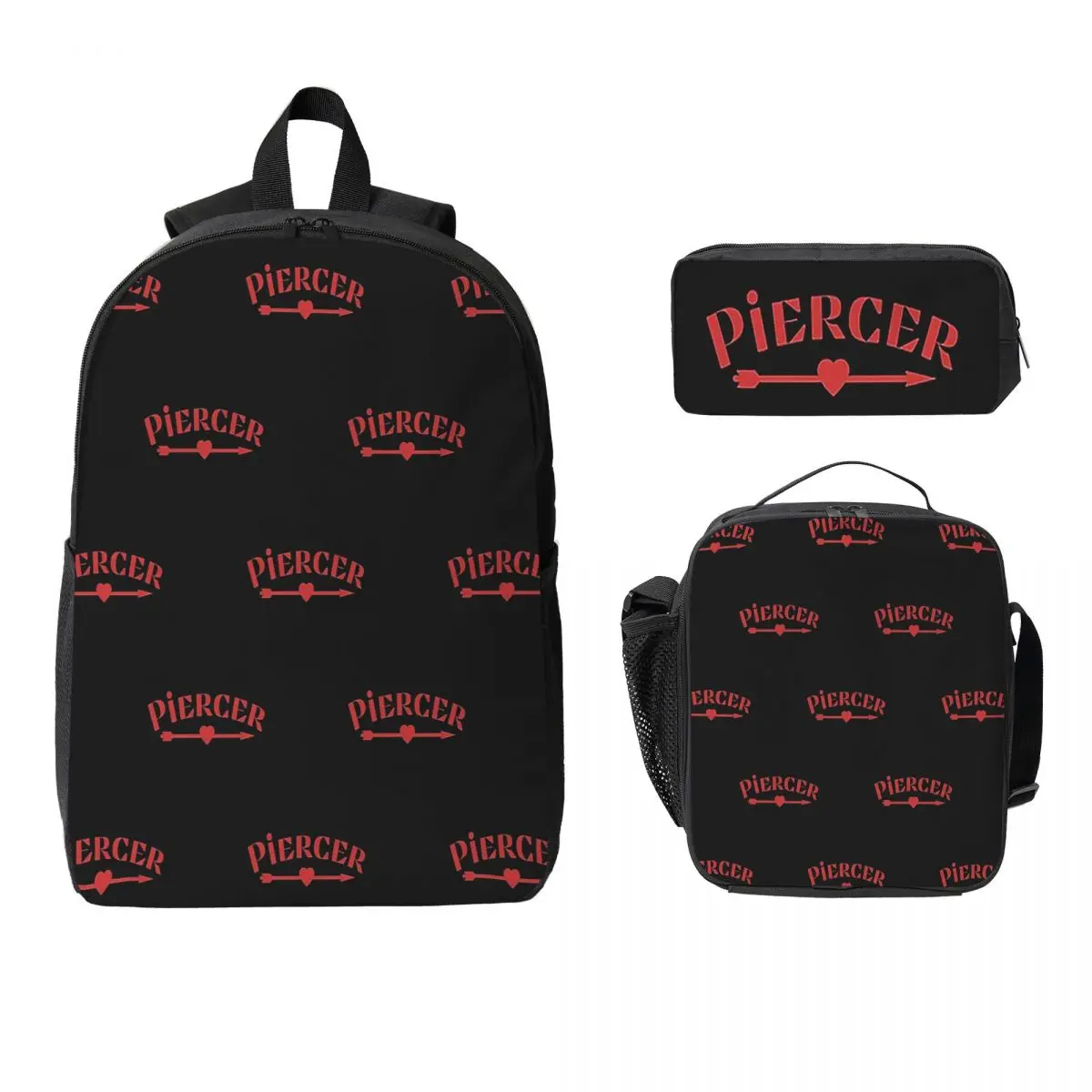 Piercer Arrow Heart Piercing Professional Red Solid Backpack Boys Girls BookBag School Bag 3ps Insulated Lunch Bag Pencil Case