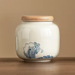 Creative Relief Wave Ceramic Tea Jar Moisture-proof Food Storage Container Tabletop Decoration Jar Wooden Lid Sealed Box Decor
