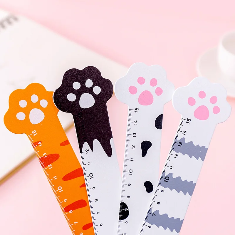 24 Pcs Wholesale 15cm Hand Book Student Ruler Cartoon Cute Cat Claw Wooden Straight Ruler for Girls Fresh Drawing Measurement