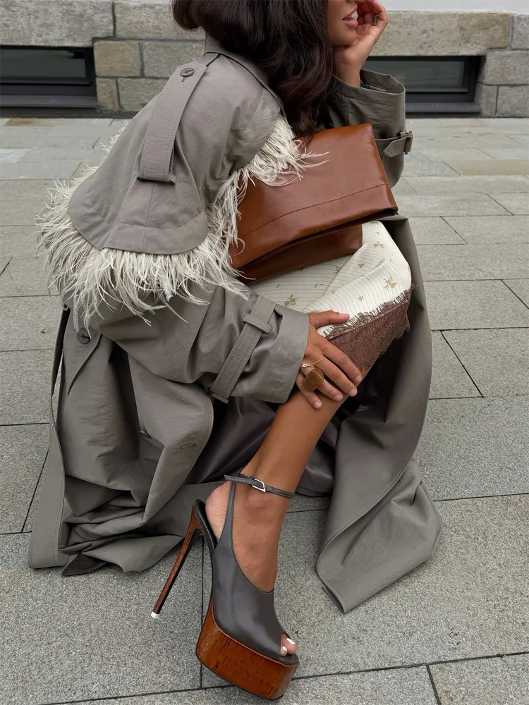 Women's Gray Feather Maxi Trench Coat Fringe Notched Lapel Long Sleeve Self Tie Belt Loose Windbreaker 2026 Fall Outer Coats