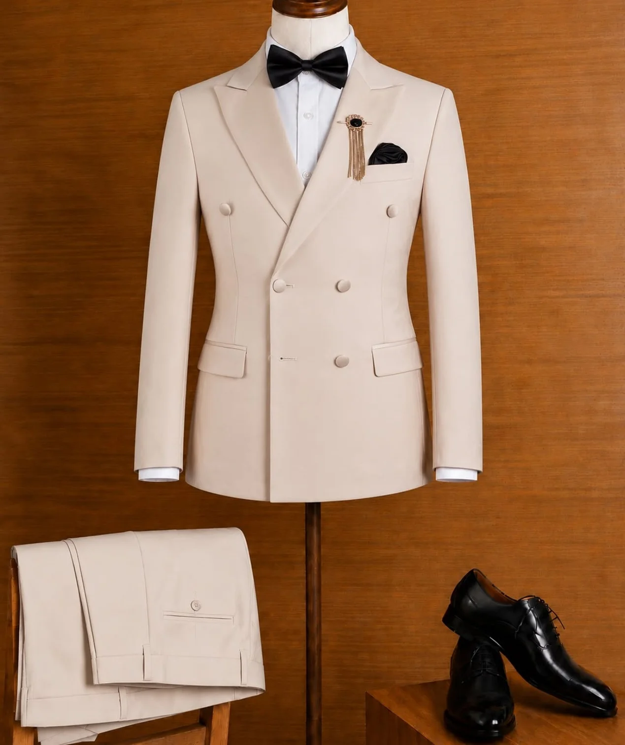 Champagne Beige 2 Piece Suit Men Notch Lapel Double Breasted Solid Slim Blazer Matching Pants Formal Wedding Prom Customized