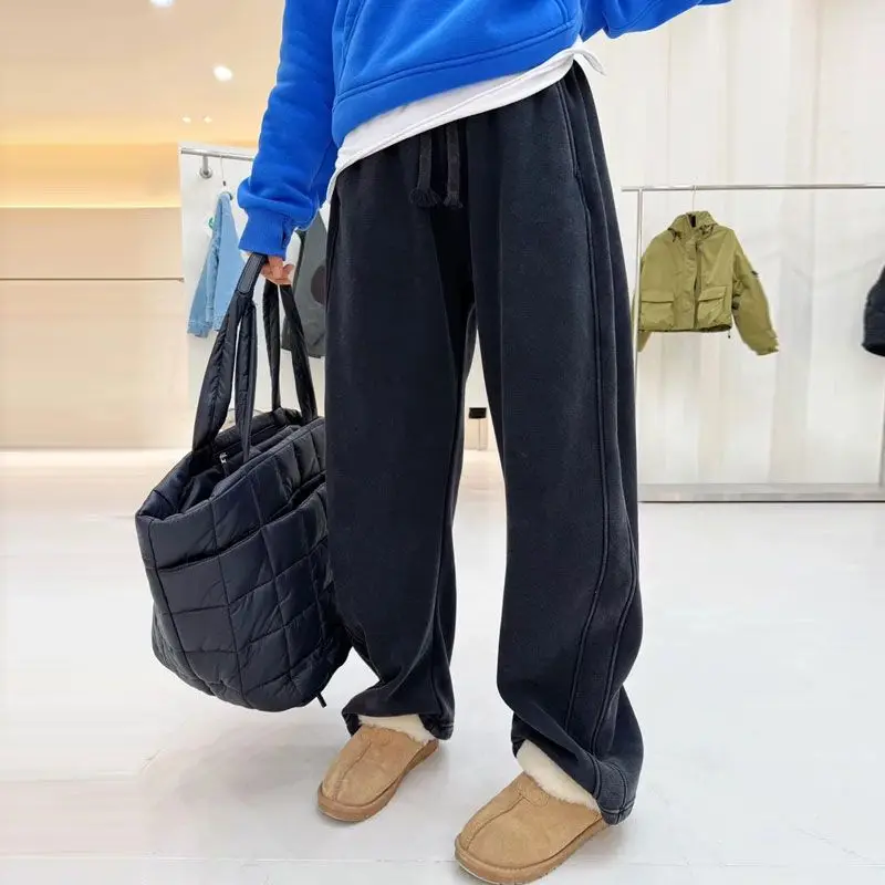 Retro Style Trousers Autumn and Winter Commuting American Style Woolen Plaid Trousers Loose Straight Drawstring Casual Trousers