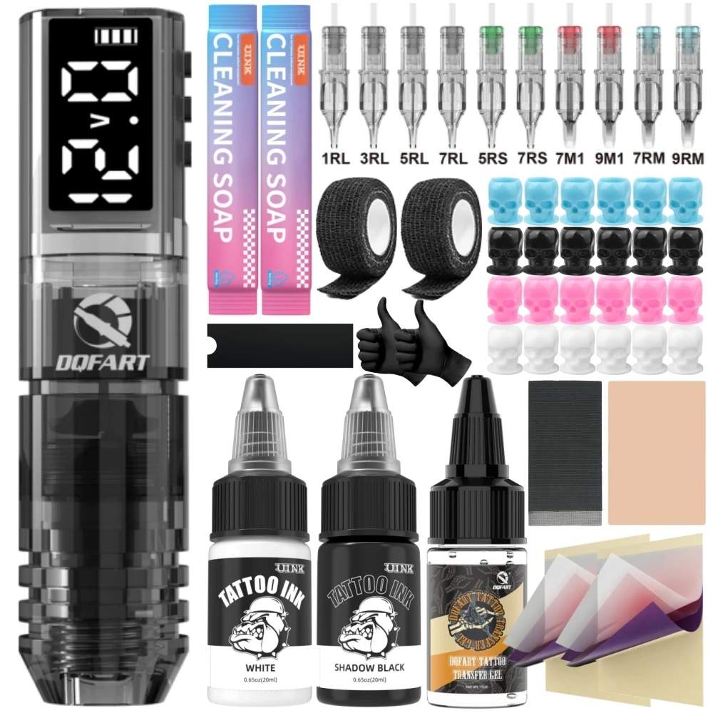 DQFART Black P1 Led Digltal Display Electric Wireless Tattoo Machine Kit Tattoo Ink Needles Transfer Beginner Tattoo Artists