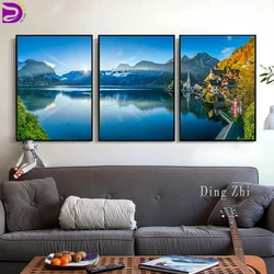 Trittico Pittura diamante fai da te Dolomiti Lago Villaggio Natura Paesaggio Punto croce Diamante Mosaico Ricamo Kit moderno da 3 pezzi