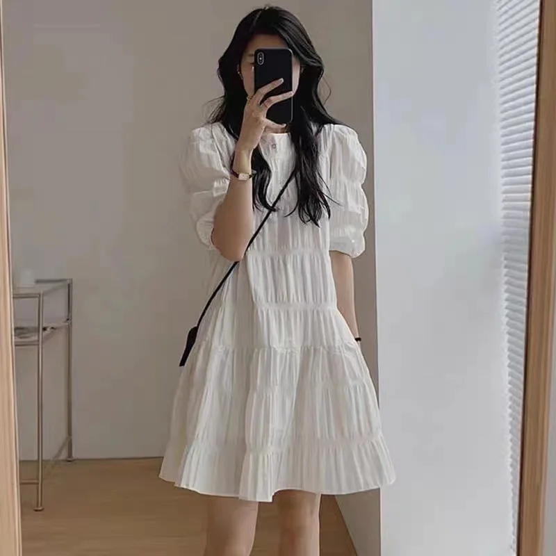 

2024 Casual Loose Short Sleeve Beach Dress Summer Fashion French Pleaded Dress for Women Evening Party Dresses