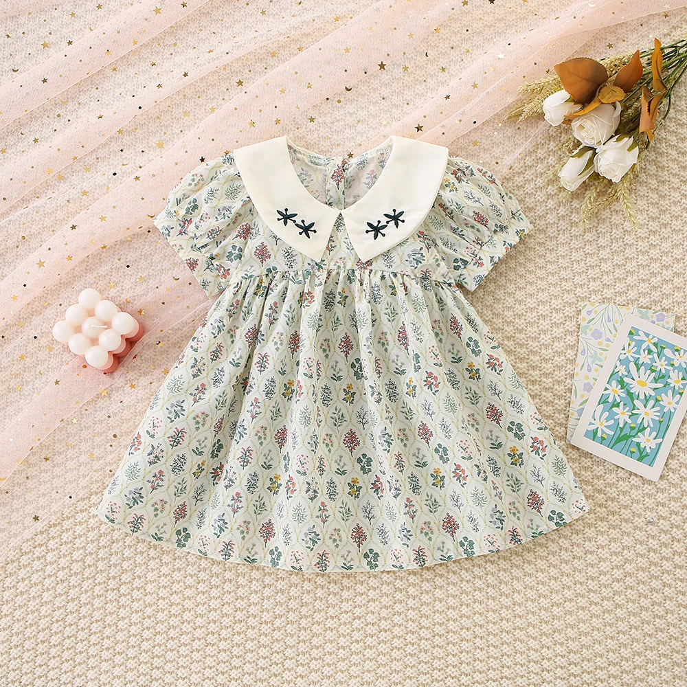 Summer New Collar Embroidered Flower Flip Collar Cotton Skirt Girl\'s Korean Short sleeved Skirt Dress