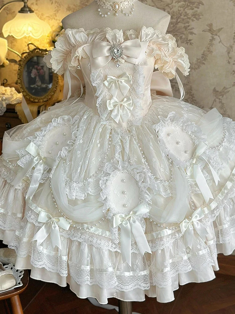 スイートロリータスタイルプリンセスドレス2025新作レディースエレガントフラワーウェディングドレスガールズキュートボウレースエッジヘビーインダストリードレス
