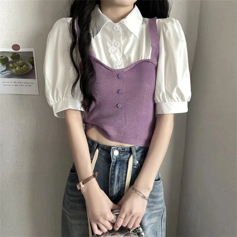 Fake Two Pieces Knitting Sling Patchwork Polo-Neck Sweet Cute Shirt Korean Slim Short Puff Sleeve Fake Single Breasted Pullovers