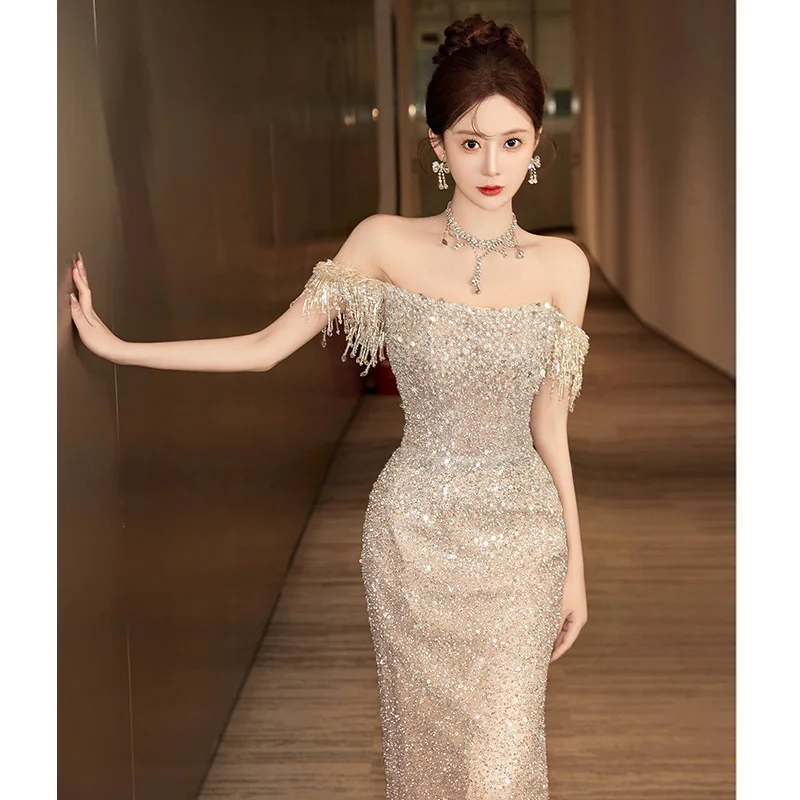 Champagne Evening Dresses Off Shoulder Sequined Temperament Tassels Sequins Mermaid Light Luxury Formal Wedding Party Prom Gown