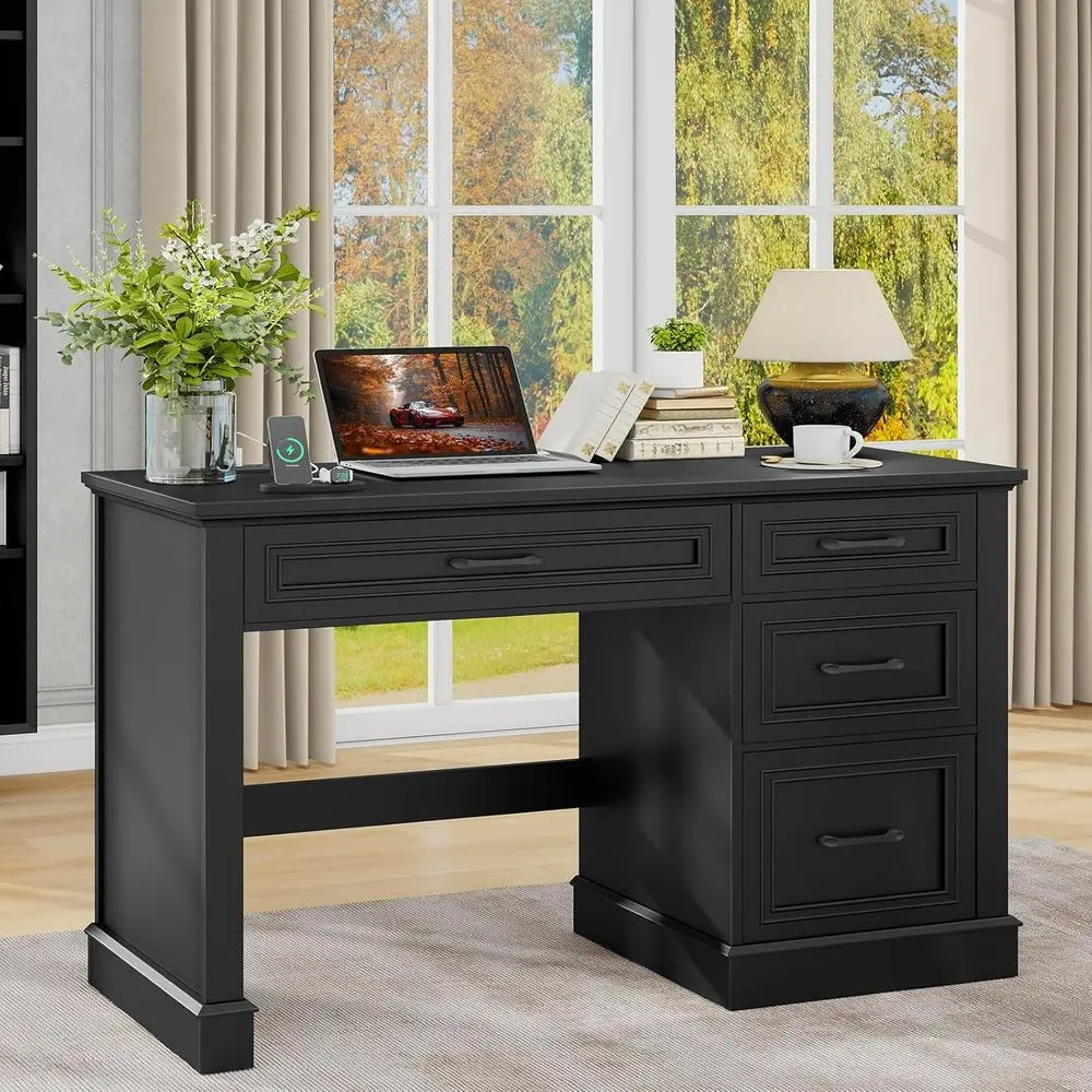 

47 Executive Computer Desk with Drawers and Cable Management, Charging Station, Ideal for Home Office or Study, Black