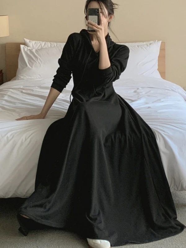 

2025 NEW Korean Sle Long Sve Hooded Dr Women's Faion Design A-Line Skirt Autumn ular Item Slimming Long Dr