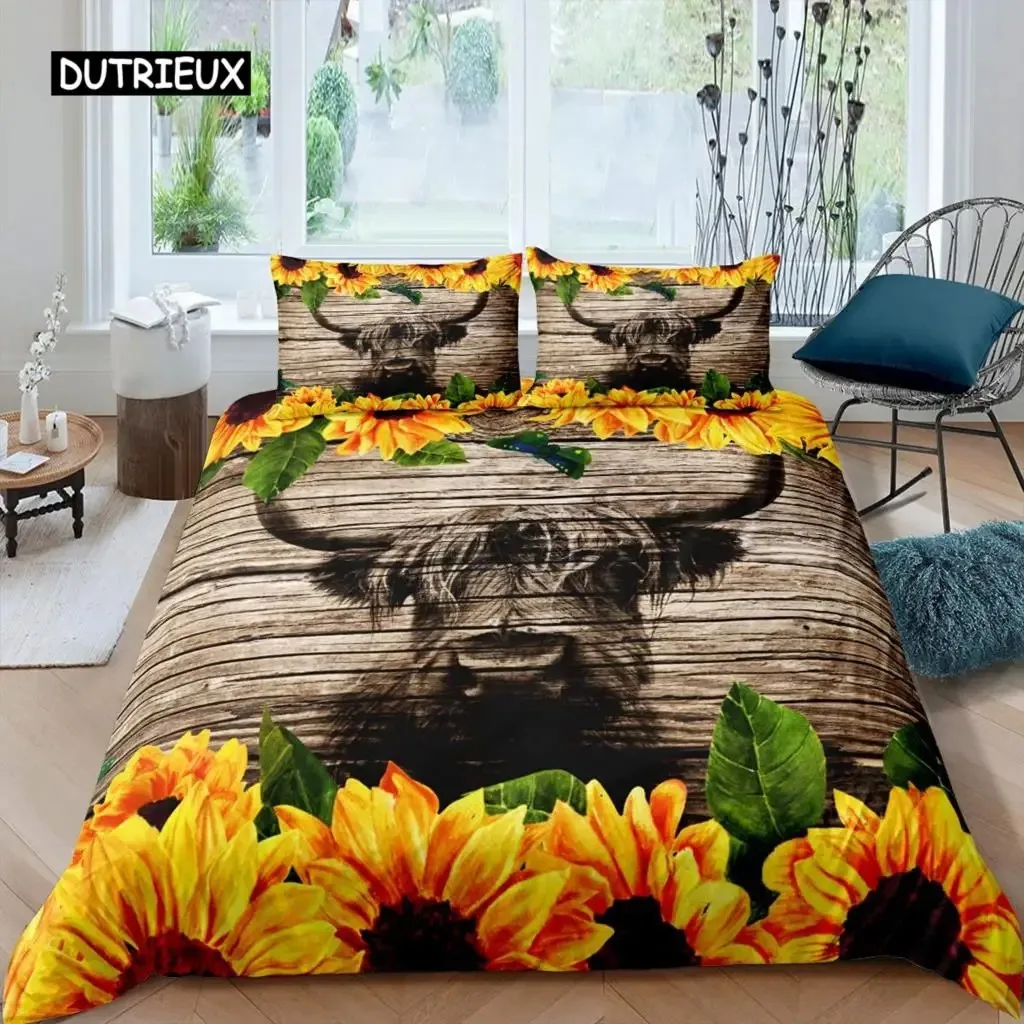 Highland Cow Duvet Cover King Sunflower Black Cattle Bedding Set Microfiber Farm Animal Cow Western Farmhouse Cattle Quilt Cover