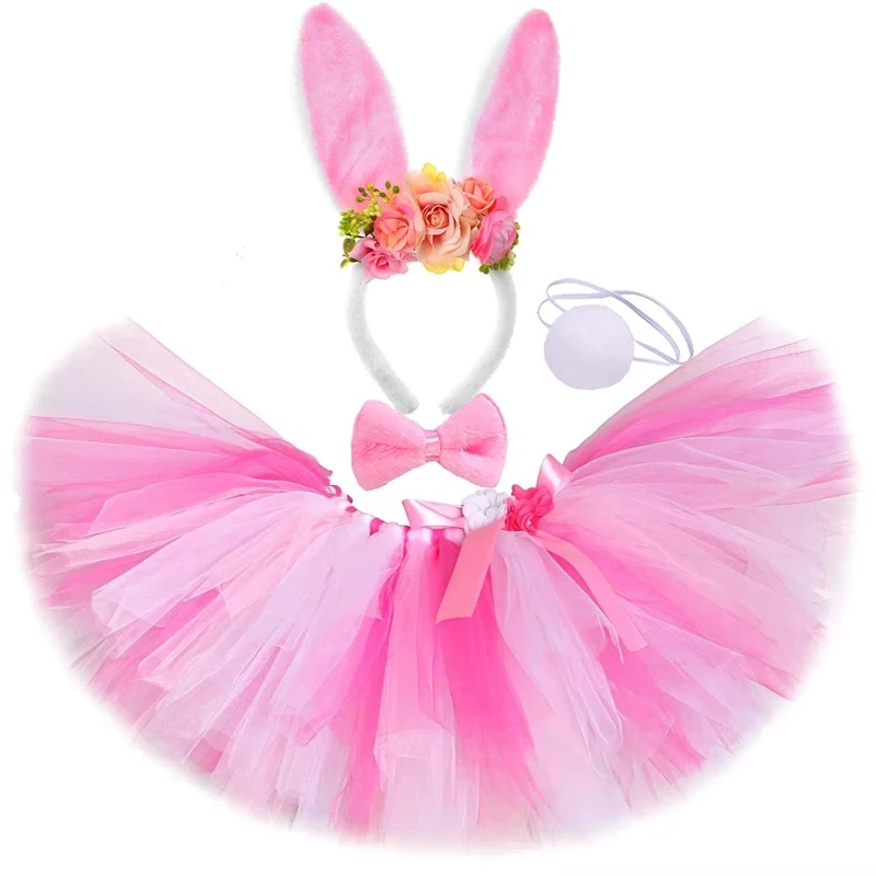 Baby Girls White Pink Bunny Dresses for Girls Easter Holiday Costumes Children Animal Rabbit Outfit with Ears Bowtie Tail Set