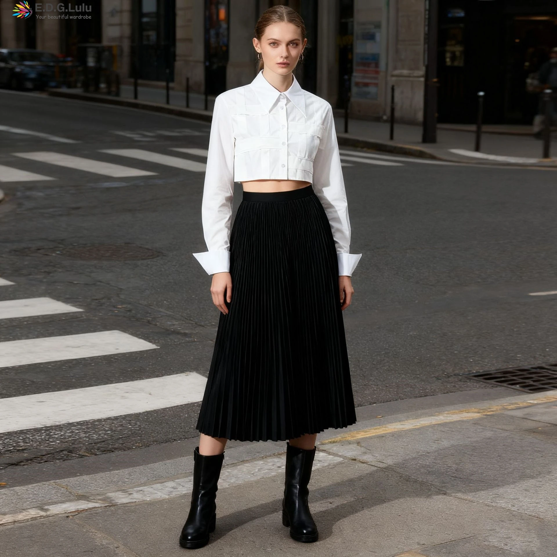 

EDGLuLu Casual Street Design Spliced White T-Shirt Top Ladies Turn-Down Collar Long Sleeve Single Breasted Short Top 1009