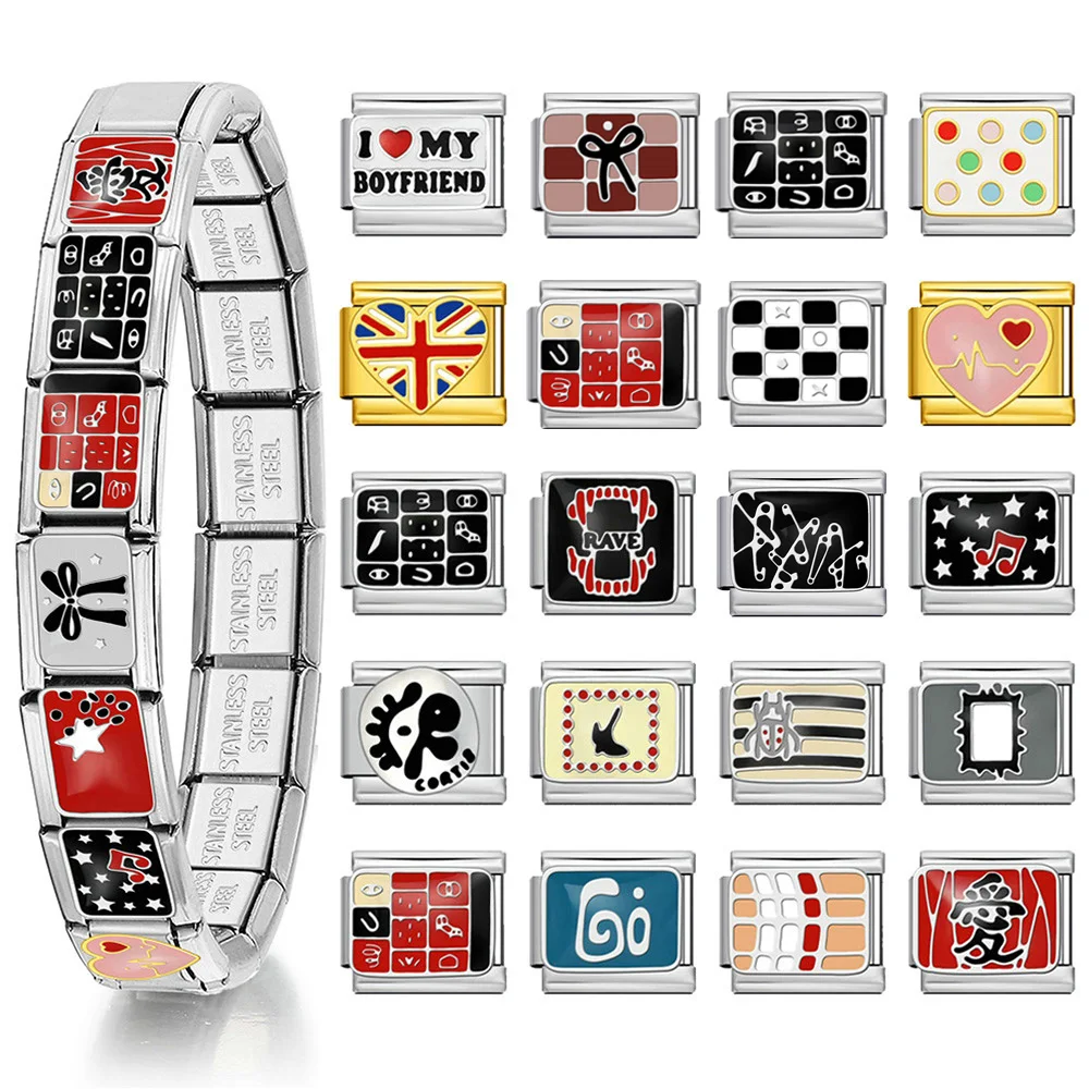 Design 2026 Heartbeat Teeth Bow Castle Music Italian Charm Link fit 9mm Stainless Steel Fashion Jewelry Making Bracelets DIY